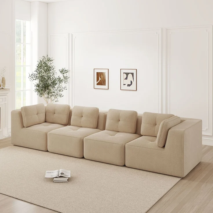 EINHOM Rahmenloses Wohnzimmersofa , modulares Ecksofa mit Eckelement, bequemes Viersitzer-Sofa mit tiefer Sitzfläche und weichen Kissen und Cordbezug, kein Aufbau erforderlich, rutschfestes Design, Beige – Bild 1