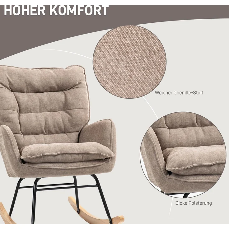 HOMCOM Schaukelstuhl mit Chenilleoptik (Schwingsessel, 1 St), bis 120 kg Belastbarkeit für Schlafzimmer, Wohnzimmer, Braun – Bild 6