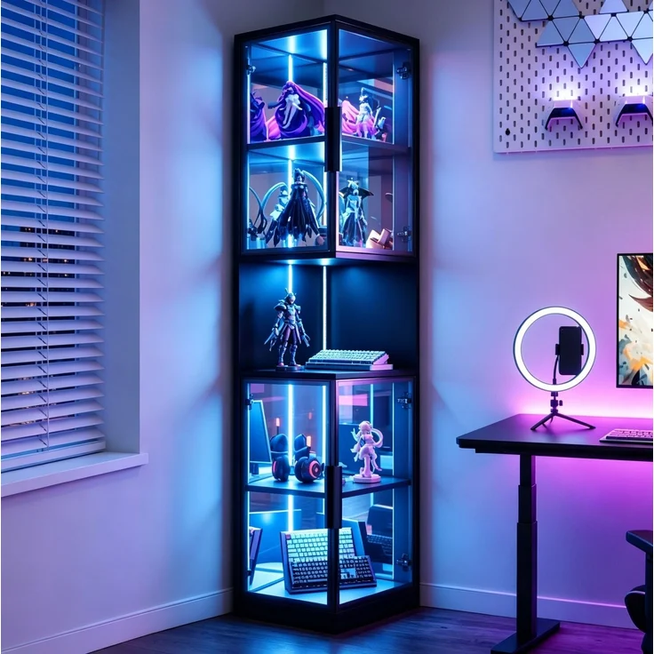Vitrinenschrank 42 x 44 x 205 cm mit Glastüren, Spiegelrückwand und LED-Beleuchtung – Bild 2