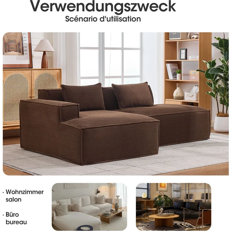 LVHOM Ecksofa 2 Sitzer, Modulares Sofa 235 cm breit, L-Form Sofa mit 2 Kissen, Schlafsofa aus Cordstoff, kein Aufbau erforderlich, Braun – Bild 7