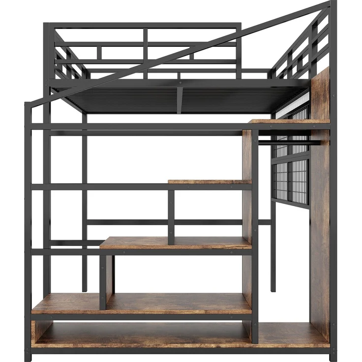 Hochbett mit RGB LED-Streifen, Rausfallschutz, 140x200cm, Treppe mit Regal und Kleiderschrank, Kinderbett, Metallbett – Bild 9