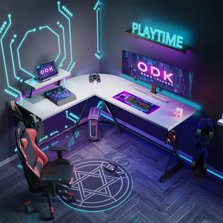 ODK Gaming Tisch, Computertisch, Gaming Schreibtisch mit runder Ecke, Gaming-Tisch mit Monitorablage (Weiß, 167x120 cm) – Bild 5