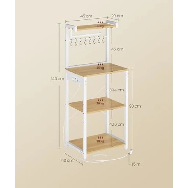 VASAGLE Küchenregal mit Steckdosen, Standregal, Kaffeebar mit 4 Ebenen und 8 S-Haken, Mikrowellen-Regal, verstellbare Ablage, 40 x 45 x 140 cm, goldeichenfarben-wolkenweiß KKS013YA02 – Bild 4
