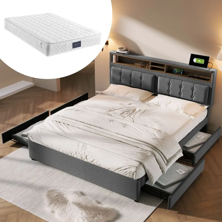 Doppelbett mit 4 Schubladen, höhenverstellbarem Kopfteil & USB-C Ladestation, Leinen, 160x200 cm, Grau, mit Matratze