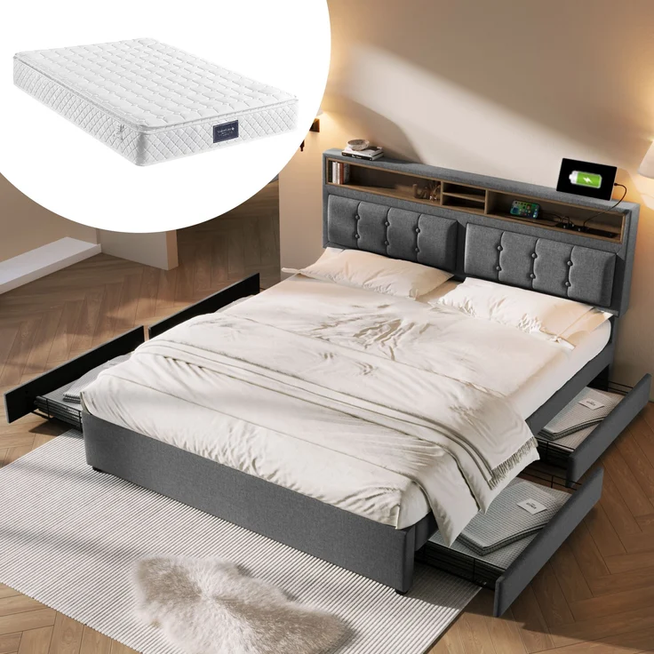 Doppelbett mit 4 Schubladen, höhenverstellbarem Kopfteil & USB-C Ladestation, Leinen, 160x200 cm, Grau, mit Matratze – Bild 1