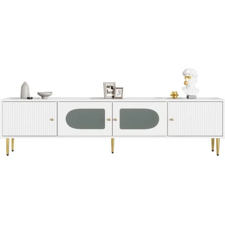BlingBin TV-Schrank TV-Board,TV-Unterschrank (1er Set, 1-St, 170*35*50cm TV-Schrank,2Türen mit Vertikalrillen,2 Türen mit Bogenglas) Weißer Korpus mit Goldenen Beinen & Griffen, 35KG Tragkraft,TV-Schrank – Bild 4