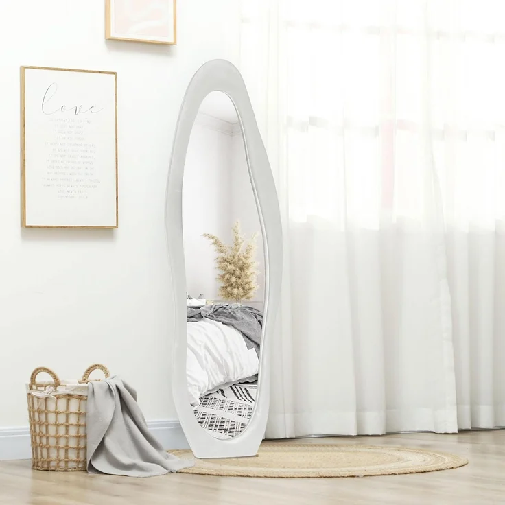 HOMCOM Standspiegel 50 x 160 cm mit samtartiger Rahmenbezug (Wandspiegel, 1-St, Ganzkörperspiegel), für Schlafzimmer, Wohnzimmer, Weiß – Bild 6