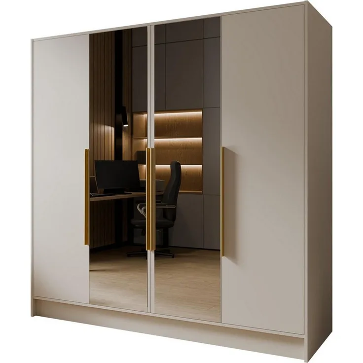 Masseno Drehtürenschrank RENVO 200 cm Kleiderschrank mit Spiegel 4 Türen Kaschmir