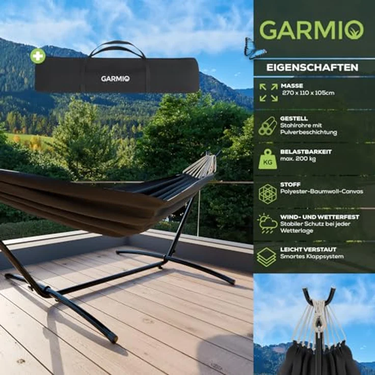 GARMIO Hängematte mit Gestell, 200kg Belastbarkeit, klappbar, anthrazit, inkl. Zubehör & Tragetasche, 270x110x105cm – Bild 2