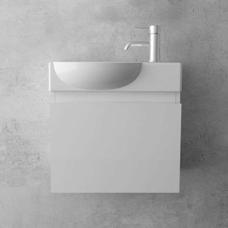 Alpenberger Badmöbel-Set - Gäste WC Waschbecken mit Unterschrank 45 cm Breit, (Badschrank 2-tlg, Waschtisch hängend), Waschbeckenunterschrank mit Softclose - Weiss - Links Becken – Bild 3