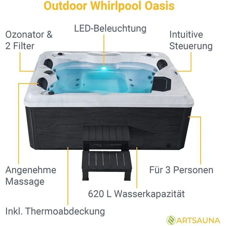 Artsauna Outdoor Whirlpool Oasis mit Treppe - Spa mit Massagedüsen, LED-Beleuchtung, 2 Filter, Abdeckung, Pumpe - Whirlpool winterfest & beheizbar – Bild 2