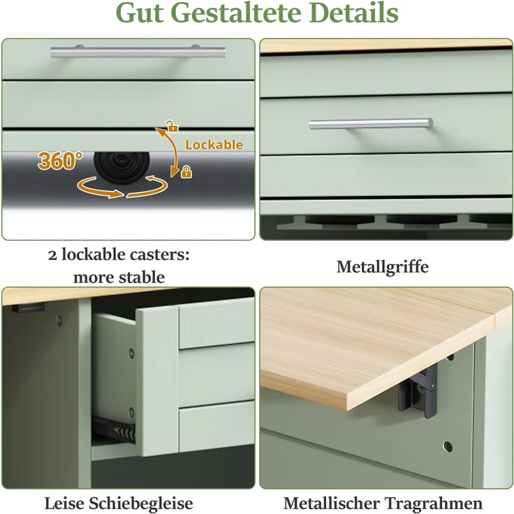 Merax 120cm Küchenwagen mit klappbarer Arbeitsplatte, Kücheninsel auf Rollen mit Weinregal, Glashalter, Gewürzregal & Handtuchhalter, Grün – Bild 8