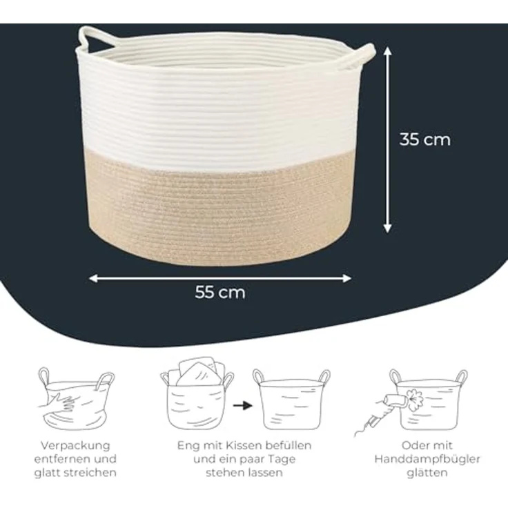 HMF Aufbewahrungskorb XXL Wäschekorb aus Baumwolle, runder Aufbewahrungskorb mit Griffen, 55 x 35 cm, Weiß-Braun – Bild 5