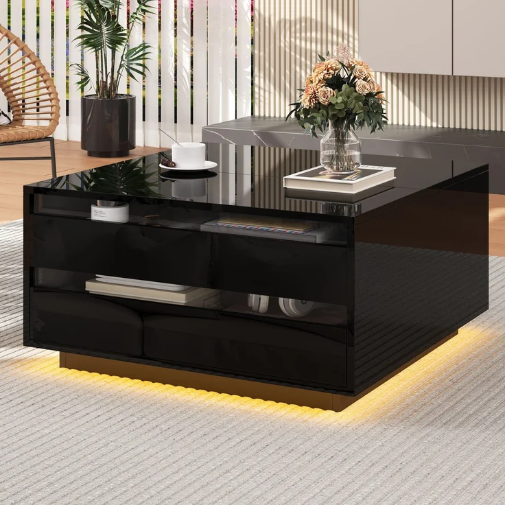 Couchtisch mit Liftfunktion und LED, quadratischer Wohnzimmertisch 70 x 70 x 38 cm, schwarz Hochglanz, Acryl-Perspektivdesign – Bild 6