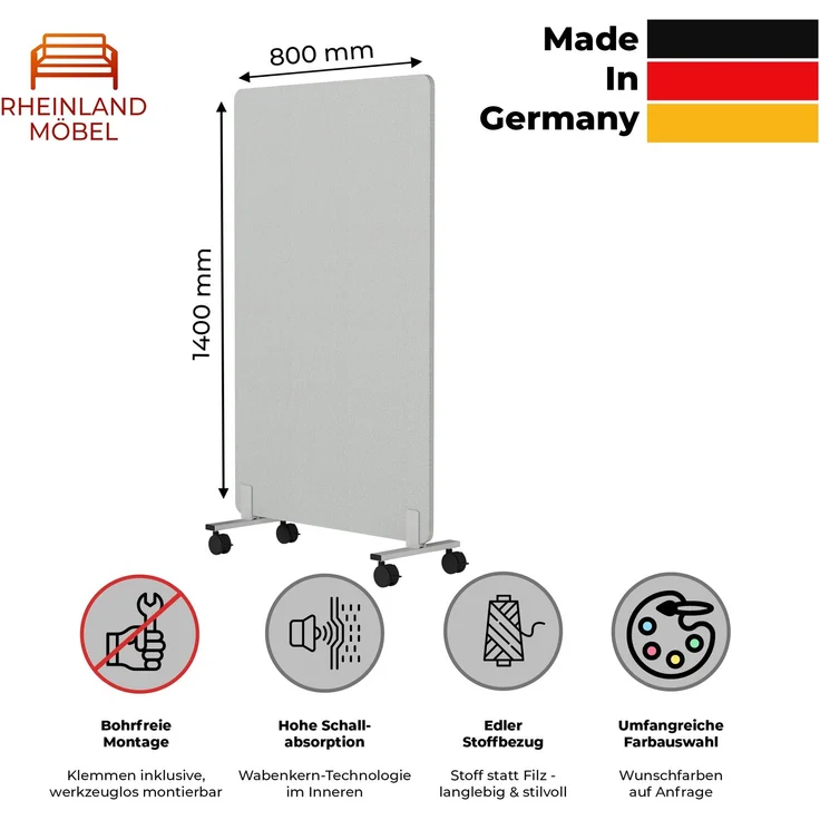 Rheinland Möbel FocusWall STWR0814 – Akustik-Stellwand 800×1400 mm in Stofffarbe Slip inkl. Rollen – Mobile Schreibtisch-Trennwand für Büro & Homeoffice – Schallschutz – Made in Germany – Bild 2
