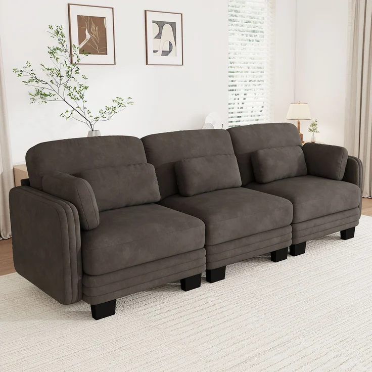 Modulares 3-Sitzer-Sofa 253x88x88 cm in Braun mit Chenillebezug und verschiebbaren Kissen – Bild 3