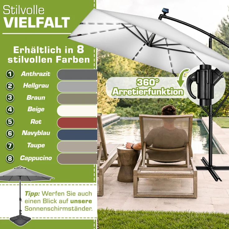 tillvex® Alu Sonnenschirm Rechteckig Ø 330 cm mit LED Solar Grau + Abdeckung mit Kurbel | Ampelschirm mit Ständer & Windschutz | Gartenschirm UV-Schutz, wasserdicht, 360° drehbar | Kurbelschirm Marktschirm – Bild 10