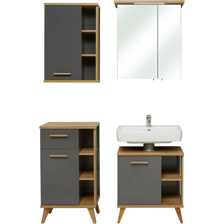Pelipal Badmöbel-Set, Quickset 924, Quarzgrau Glanz/Riviera Eiche - Waschbeckenunterschrank, Spiegelschrank, Unterschrank mit Regal, Hängeschrank mit Regal – Bild 3