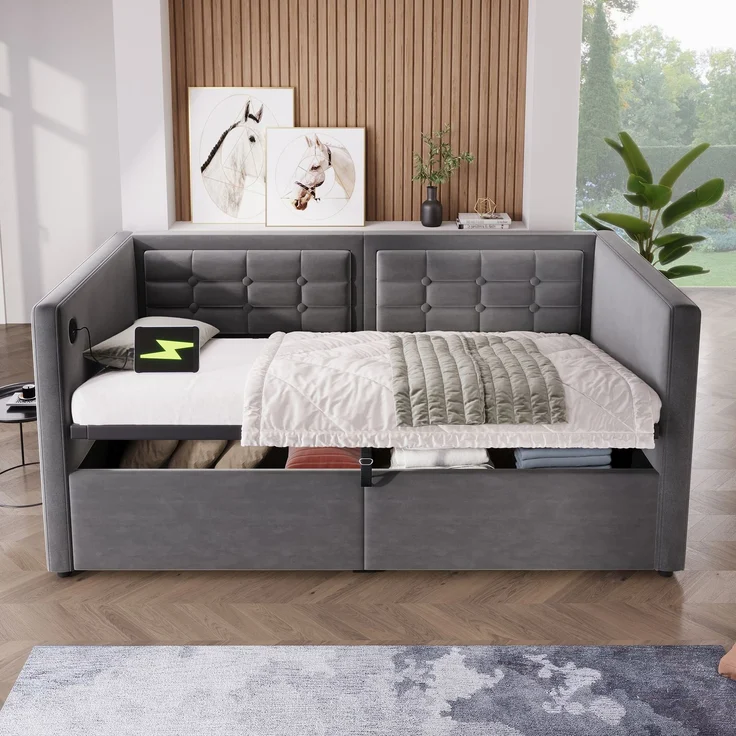 Polstertes Schlafsofa 205×106×75cm,Samt mit hydraulischem Stauraum, USB- & Type‑C‑Ladestation,Grau – Bild 3