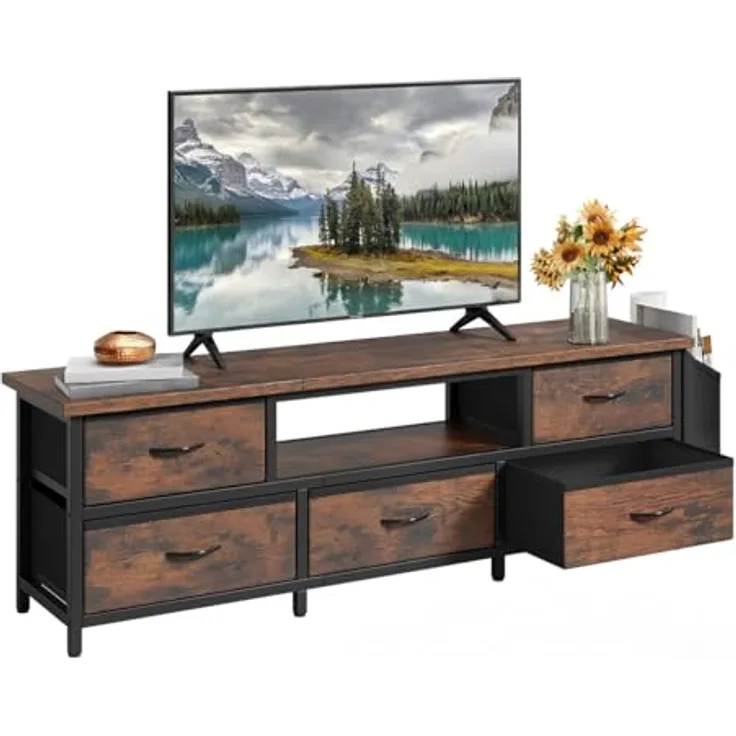YITAHOME TV-Schrank, TV-Ständer für Wohnzimmer mit 5 faltbaren Schubladen und Regalen, TV-Ständer mit RGB-LED-beleuchtetem TV-Entertainment-Center mit Schrank, 145 x 35 x 50 cm