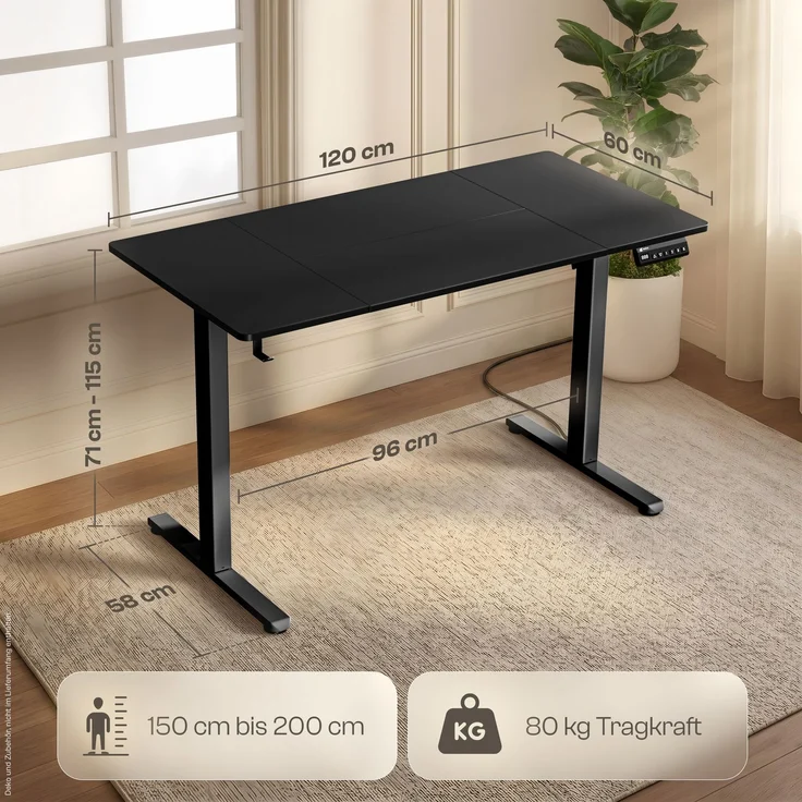 LUTIVO Foxtrot, Höhenverstellbarer Schreibtisch Elektrisch, Memory-Funktion und Kabelmanagement, 120 x 60 cm, Schwarz/Schwarz – Bild 7