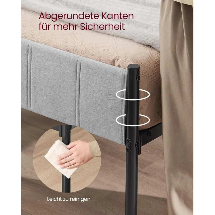 VASAGLE Doppelbett, 160x200 cm, mit gepolstertem Kopfteil, Bettrahmen, Stahl-Latten, trägt bis zu 500 kg, Stahl/Textil Taubengrau