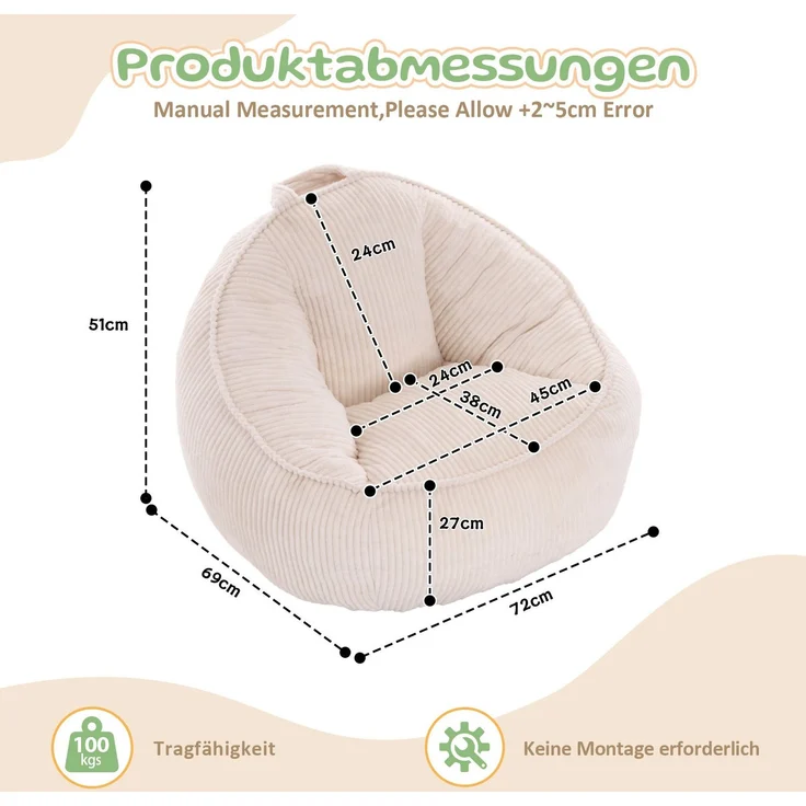 DESVIAE Sitzsack Beige aus Cord – ergonomisch geschwungene Form, 69 x 72 x 51 cm – Bild 10