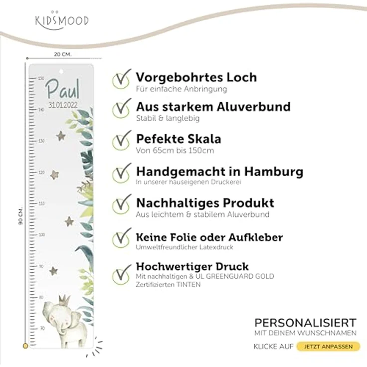 KIDSMOOD - Messlatte Kinder Holz personalisiert Mit Namen für Baby- & Kleinkinderzimmer - Messlatte als Kinderzimmer Wand-Dekoration & Weihnachtsgeschenke Kinder & Babys zum Geburt - Skala 70-140cm – Bild 8