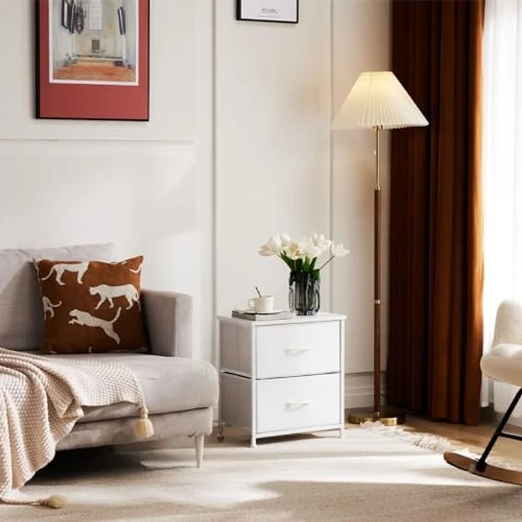 DUMOS Kommode für Schlafzimmer mit 2 Stoffschubladen, hohe Kommode Organizer für Kleidung, Schrank Kinderzimmer, Aufbewahrungsturm mit Schrank, Metallrahmen, Holzplatte, leichte Kinderzimmermöbel – Bild 5