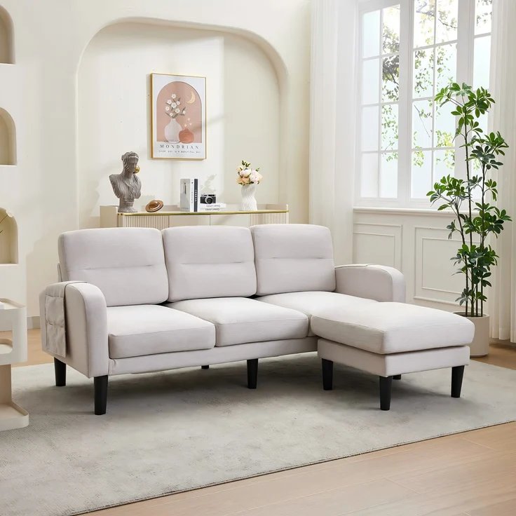 Merax 204cm Ecksofa, L-Form Sofa, 3-Sitzer mit Chaiselongue, kleines Ecksofa aus, An der Seite befindet sich eine Aufbewahrungstasche, 10 Sofabeine, Beige – Bild 7