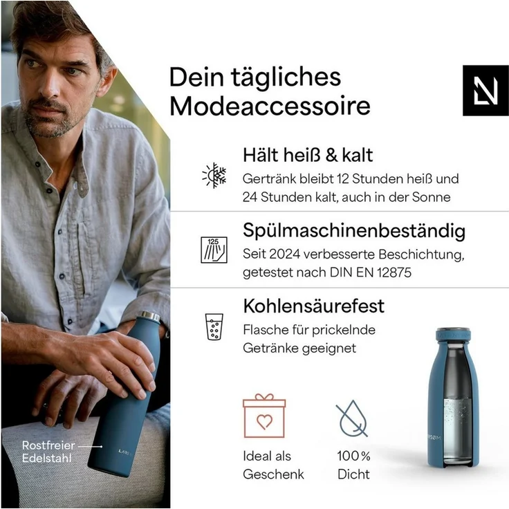 LARS NYSØM Edelstahl Trinkflasche 350ml, 500ml, 750ml, 1L, 1 5 liter | Thermosflasche Kohlensäure geeignet | Auslaufsichere Wasserflasche für Sport, Outdoor, Schule (Calypso Blue, 500ml) – Bild 2