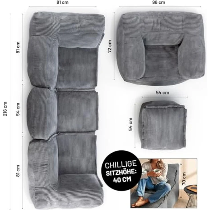 Lumaland Modulares Basic Set - Cord-Reihe | Indoor Sitzsäcke mit Softer Struktur, ideal Sofa Modulen & zum Pouf | Bean Bag mit Füllung - für Wohnzimmer & Co. – Bild 2