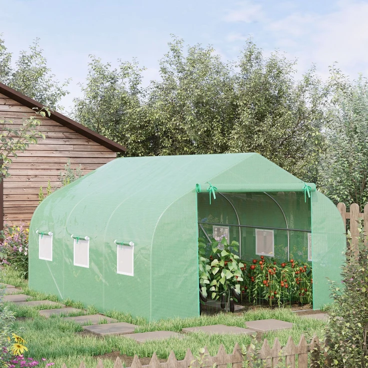Wohnora-10,5 m² großes Gartentunnel-Gewächshaus, Maße 3,5 m (L) x 3 m (B) x 2 m (H), Tür + 6 Rollofenster, verzinkter Stahl, hochdichte PE-Folie, grün,H 2000cm x T 1530cm x B 3000cm – Bild 1