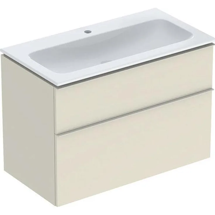 Geberit iCon Set Möbelwaschtisch mit Unterschrank, 90x63x48 cm, 2 Schubladen, sandgrau, KeraTect-Oberfläche, integriertes Ab- und Überlaufsystem