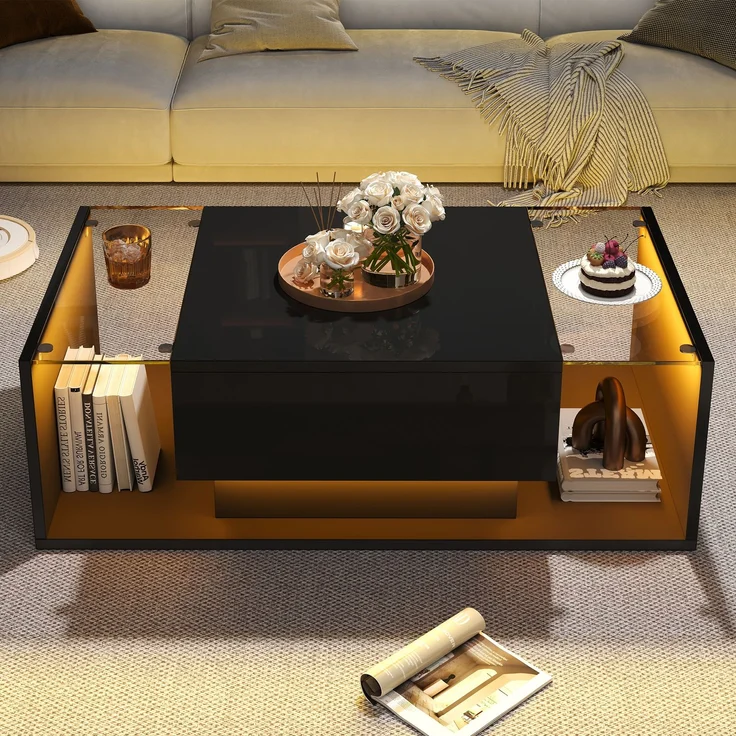 Quadratischer Couchtisch 100 x 50 x 31 cm, Hochglanz schwarz, gehärtetes Glas, 1 Schublade, halboffener Stauraum,mit LED-Lichtleiste – Bild 5