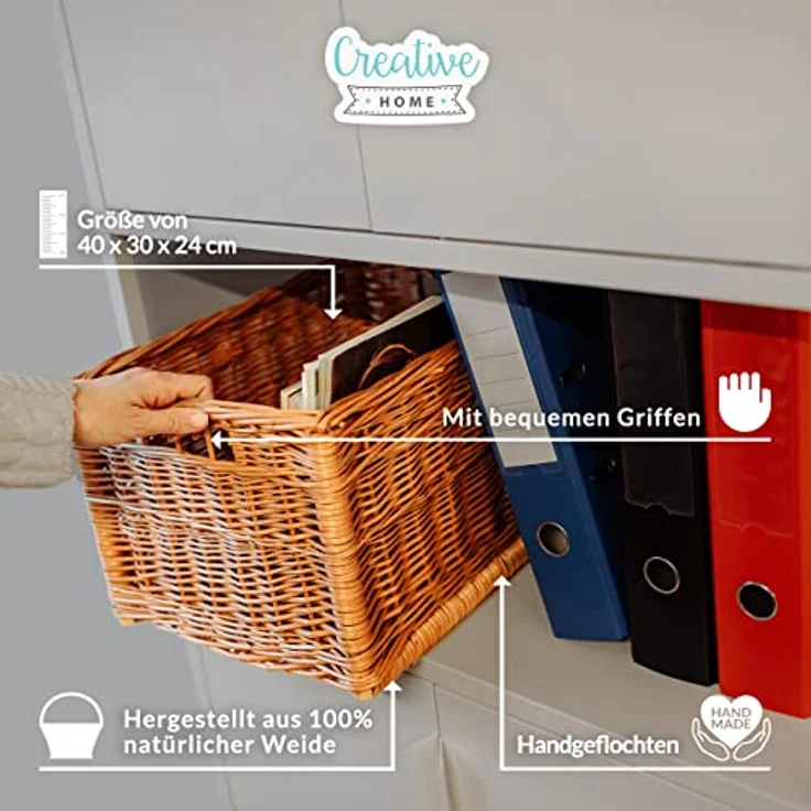 Creative Home Holzkiste Weidenkorb Aufbewahrungskorb, Handgeflochten, Haltbar (1 St), Korb Geflochten Naturkorb mit Griffen Aufbewahrung – Bild 5