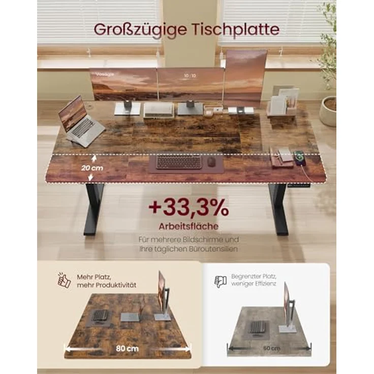 VASAGLE Höhenverstellbarer Schreibtisch, 180x80 cm, USB-C-Anschluss, Ablage für Steckdosenleiste, Stehtisch, Erinnerung bei langem Sitzen, 3 Speichertasten, für Büro, vintagebraun LSD148KD02 – Bild 5