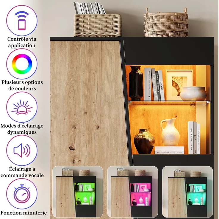 Vitrinenschrank mit LED, Design-Holztür, Glastrennwand Vitrine Schrank,Mehrere Staufächer, Hochschrank Sammlervitrine für Wohnzimmer, Büro, Flur, Schwarz & Holzfarbe,80x35x139.5cm--Schwarz + Natur--80x35x139.5cm--YOUDENOVA – Bild 10