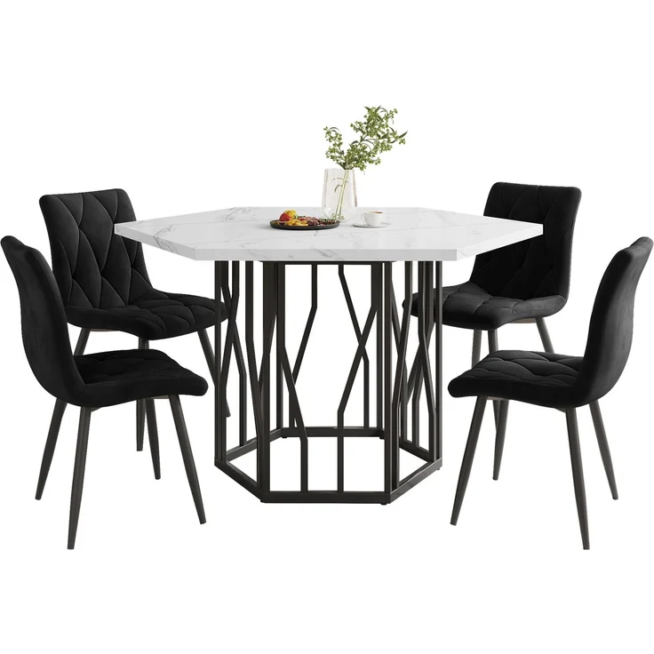Sechseckiger Esstisch 115.5×100 cm mit 4 Samtstühlen, modernes Esszimmer-Set, ergonomisch, MDF Tischplatte, Metallgestell – Bild 7