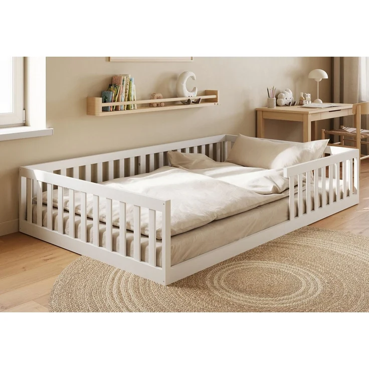 Kids Collective Kinderbett Bodenbett Bett mit Rausfallschutz & Lattenrost Montessori Bett Kinder (90x200, 120x200 und 140x200), Jugendbett Einzelbett Kiefer-Vollholz Weiß 120x200 – Bild 5
