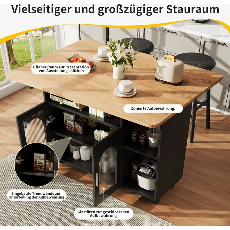 Merax Kücheninsel,Modernes Küchensiland, Küchenschrank, Abnehmbare Servierwagen buffetschrank, Speisewagen mit Holzmaserung, buffetschrank, Multifunktionale Esstisch mit Speicherraum, Schwarz – Bild 7