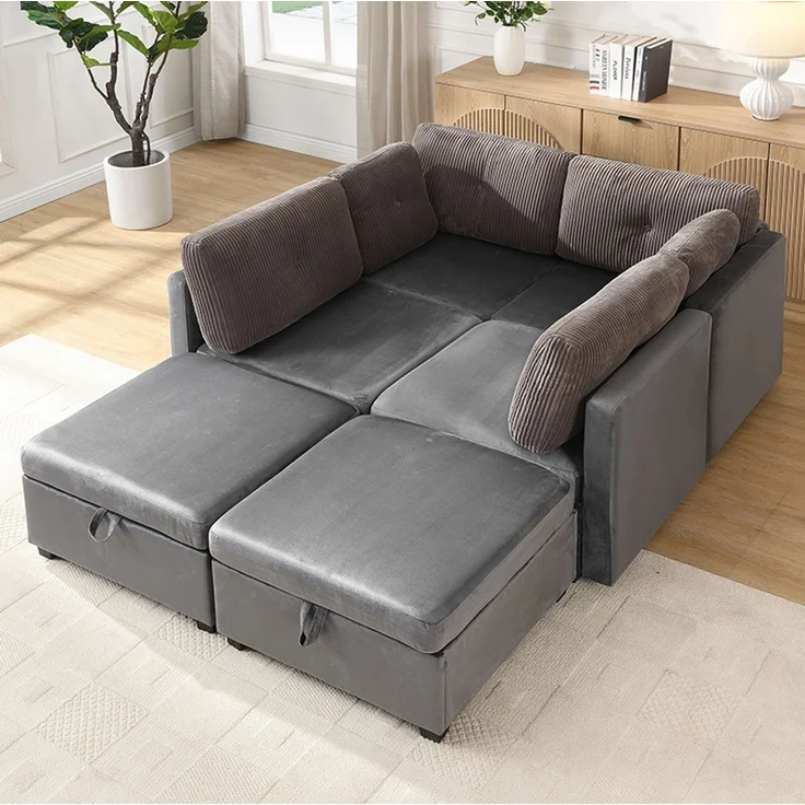 Modulares U-Sofa, Samt & Cord mit Stauraum, 261x132,5x85 cm, Antikgrau – Bild 4