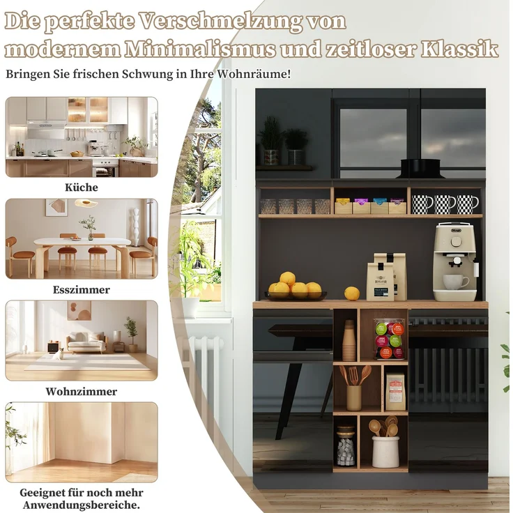 EINHOM 105 x 45 x 185 cm, Moderner Küchenschrank, Buffet, Sideboard, Grau und Schwarz, Metallgriffe, Verstellbare Regale, Schubladen, Offener Stauraum, Kippschutzzubehör, Geeignet für Küche, Wohnzimmer und Schlafzimmer – Bild 7