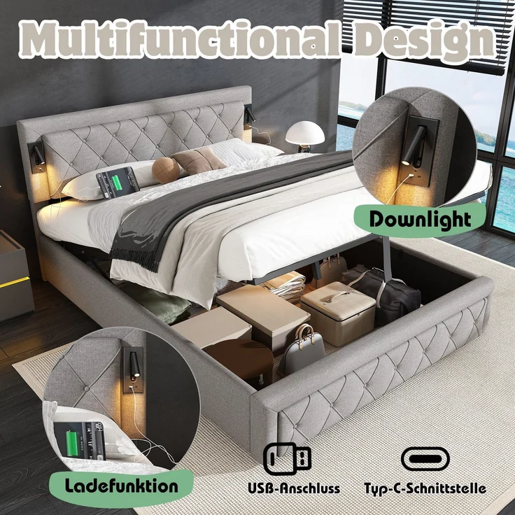 Polsterbett mit LED-Beleuchtung und Lattenrost, Kopfteil mit Spots, Type-C und USB Anschlüssen, 160x200 cm, gepolsterter Kopfteil, Doppelbett, Stauraumbett, Leinen – Bild 6