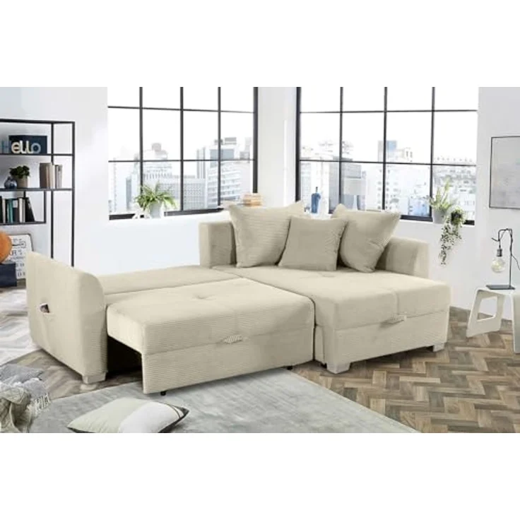Ecksofa L-Form Couch Polsterecke Schlaffunktion Bettkasten Cord in Beige Grau – Bild 5