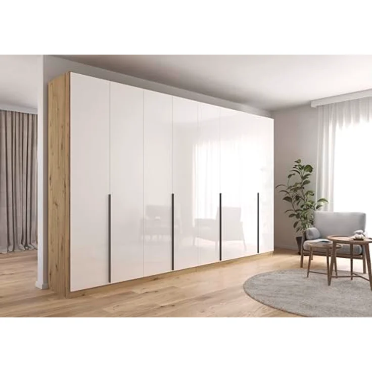 Rauch Möbel Alabama, Kleiderschrank für Schlafzimmer, Kinderzimmer, Wohnzimmer, Garderobe, Flur, 8-türig, mit Zubehör Basic, Farbe Weiß Hochglanz/Eiche Artisan, Holz, Breite 360 cm – Bild 2