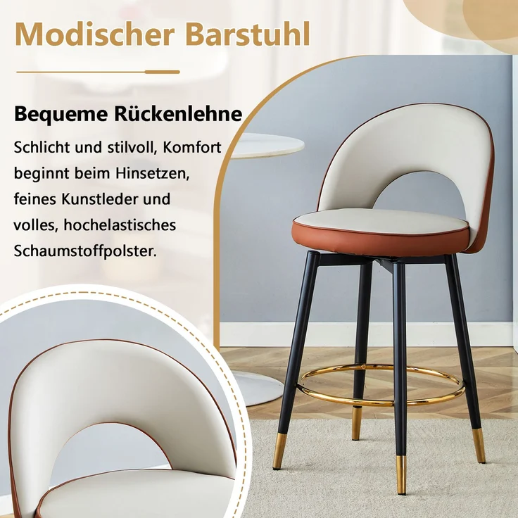 Barhocker H 92 x T 47.4 x B 44 cm aus PU-Leder und Metall, 360° drehbar, 2er-Set – Bild 6