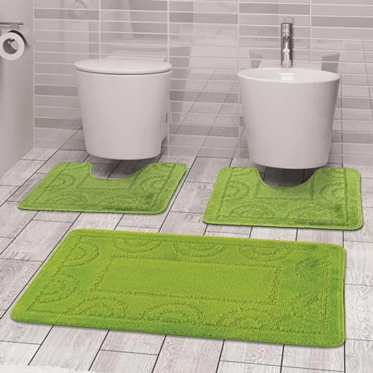 Comart, Nicole Badezimmerteppich, 3-teiliges Set, schnelltrocknend, rutschfeste Unterseite aus Latex, einfarbig, für Dusche und Badewanne, für WC und Bidet, maschinenwaschbar, Grün – Bild 2