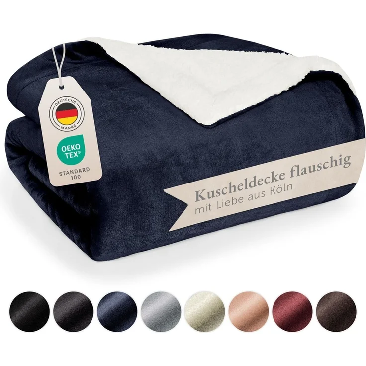 Blumtal Premium Sherpa Kuscheldecke 150x200 cm - warme Decke Oeko-TEX® zertifizierte Dicke Sofadecke, Tagesdecke oder Wohnzimmerdecke, Dark Ocean Blue - blau