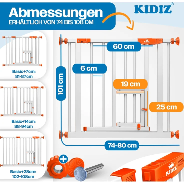 KIDIZ® Absperrgitter zum Klemmen mit Katzenklappe, Türschutzgitter, Autoclose Kinder Treppengitter ohne Bohren | 90° Stopp Schutz, schwenkbar, Treppenschutzgitter Orange, 74 - 80 cm – Bild 2